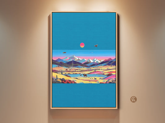 Framed retro wave desert landscape artwork on a beige wall. The teal and pink art print features a vintage cowboy mountain scene. An eclectic wall decor choice for travelers. It brings a bohemian touch to any home decor. A unique housewarming gift wall art option.