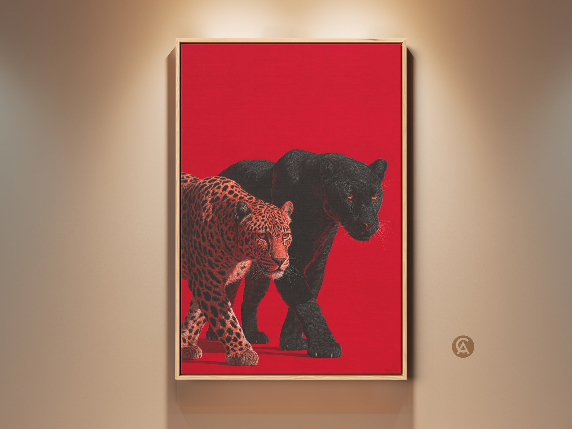 A captivating artwork features a leopard and black panther against a vibrant red backdrop. The detailed portrait showcases the wild cats in a striking pose. This fine art print is a unique addition to any collection.