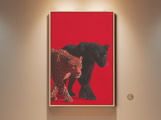 A captivating artwork features a leopard and black panther against a vibrant red backdrop. The detailed portrait showcases the wild cats in a striking pose. This fine art print is a unique addition to any collection.