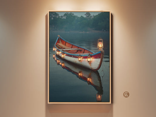 A vintage coastal canoe artwork print. This nautical landscape canvas features a canoe adorned with glowing lanterns on a tranquil lake. Orange and teal hues create a cozy nature scene for bedroom wall decor.