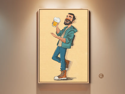 Funny beer man canvas art for bar or man cave decor. The cartoon style man with a frothy pint brings humor to any space. Orange and teal tones add vibrancy. A perfect gift for the beer lover or dad. Add a unique touch to your home pub brewery or kitchen. It is a fun alcohol beverage art print.