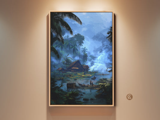 Framed tropical river village landscape art. This serene digital artwork features blue and teal tones. The boho palm tree nature scene is a perfect housewarming gift. It brings a peaceful jungle vibe to any home decor. A stunning piece for travel lovers.