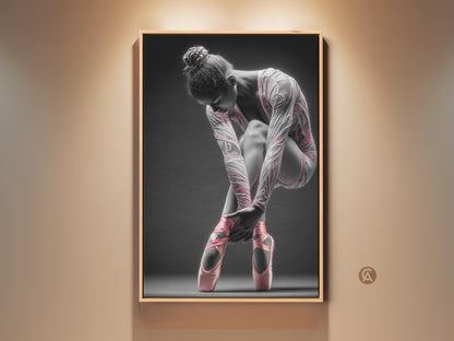 Framed ballerina artwork on a wall. This framed canvas features a floating frame. The frame is oak. The artwork shows a ballerina tying her pink ballet shoes. Buy framed art for your home today.