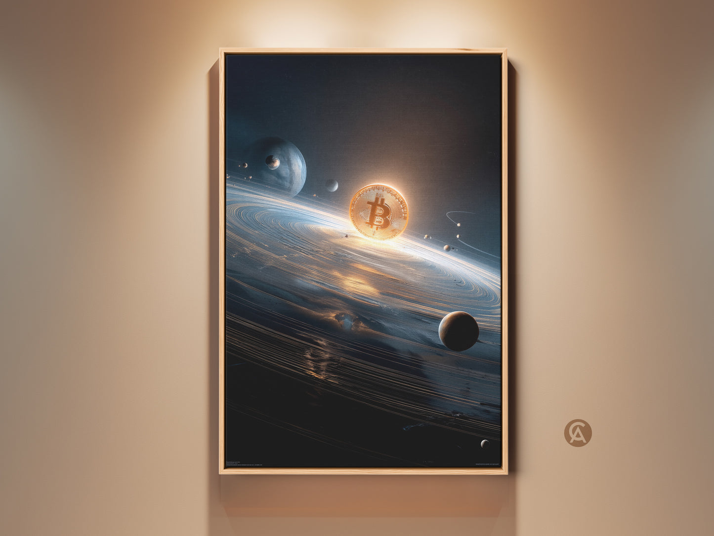 Bitcoin art print. This artwork features a Bitcoin in space. The digital coin is surrounded by planets and stars. It is framed with a simple wood frame. A great addition to any crypto enthusiast's home decor.