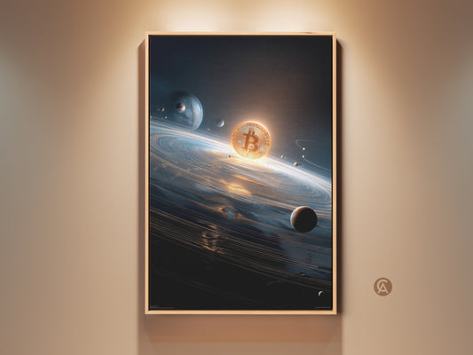 Bitcoin art print. This artwork features a Bitcoin in space. The digital coin is surrounded by planets and stars. It is framed with a simple wood frame. A great addition to any crypto enthusiast's home decor.