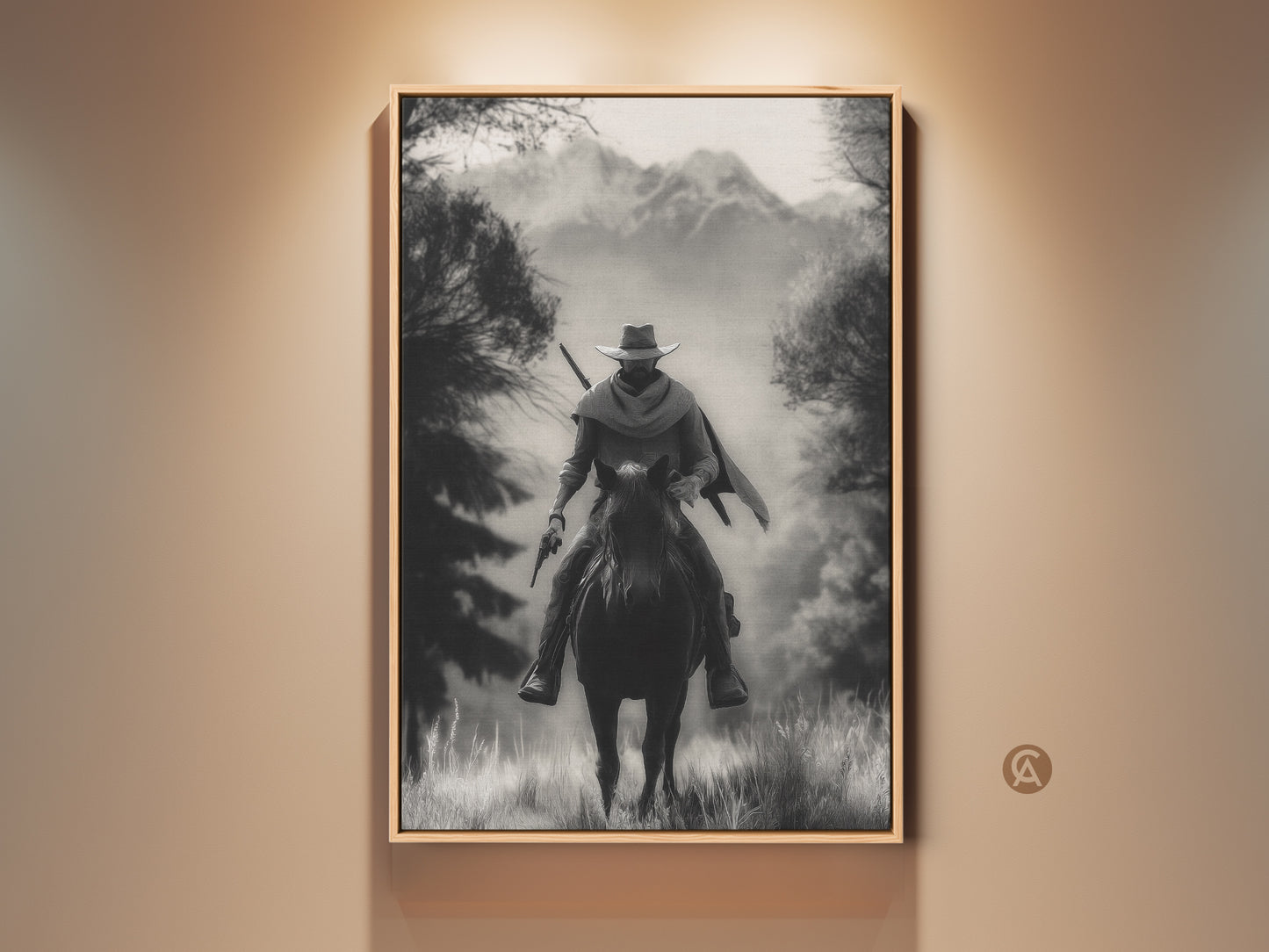 Rustic monochrome canvas art print featuring a cowboy on horseback. This Western landscape artwork is perfect for a study room or home office. The black and white tones add a vintage Western decor touch. It's an ideal gift for Western fans seeking adventure themed artwork.