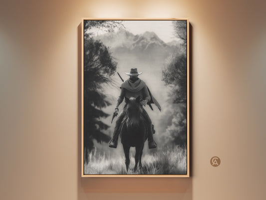 Rustic monochrome canvas art print featuring a cowboy on horseback. This Western landscape artwork is perfect for a study room or home office. The black and white tones add a vintage Western decor touch. It's an ideal gift for Western fans seeking adventure themed artwork.
