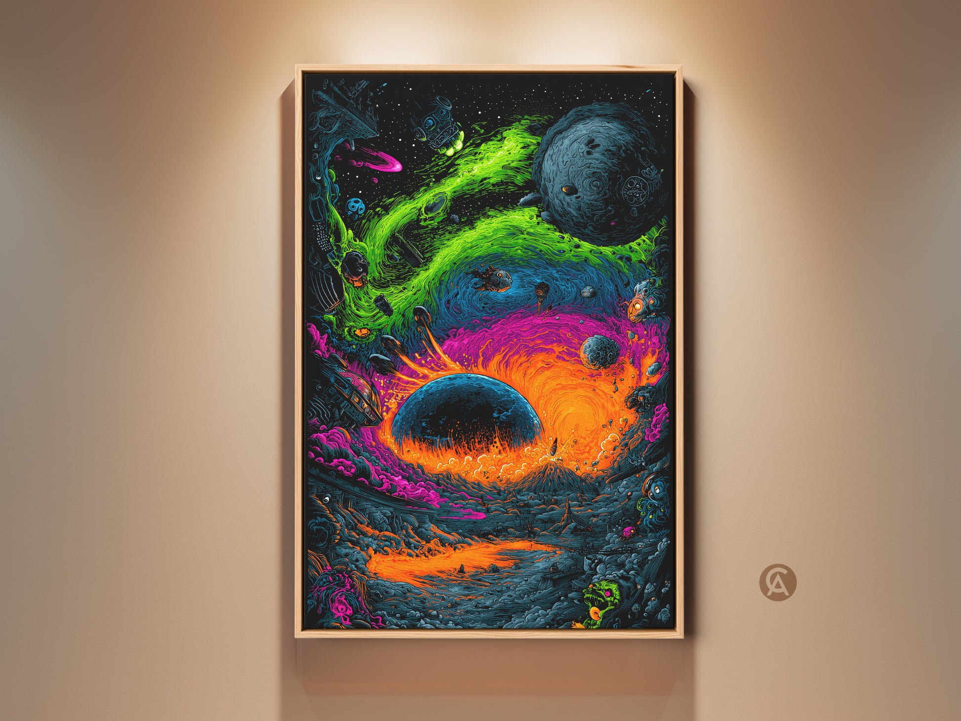 Experience cosmic wonder with this framed space art print. A vibrant portal opens to a surreal alien landscape. Featuring otherworldly planets and colorful nebulae this artwork adds a unique touch to any room. Perfect for space enthusiasts and art collectors alike. Ready to hang and admire.