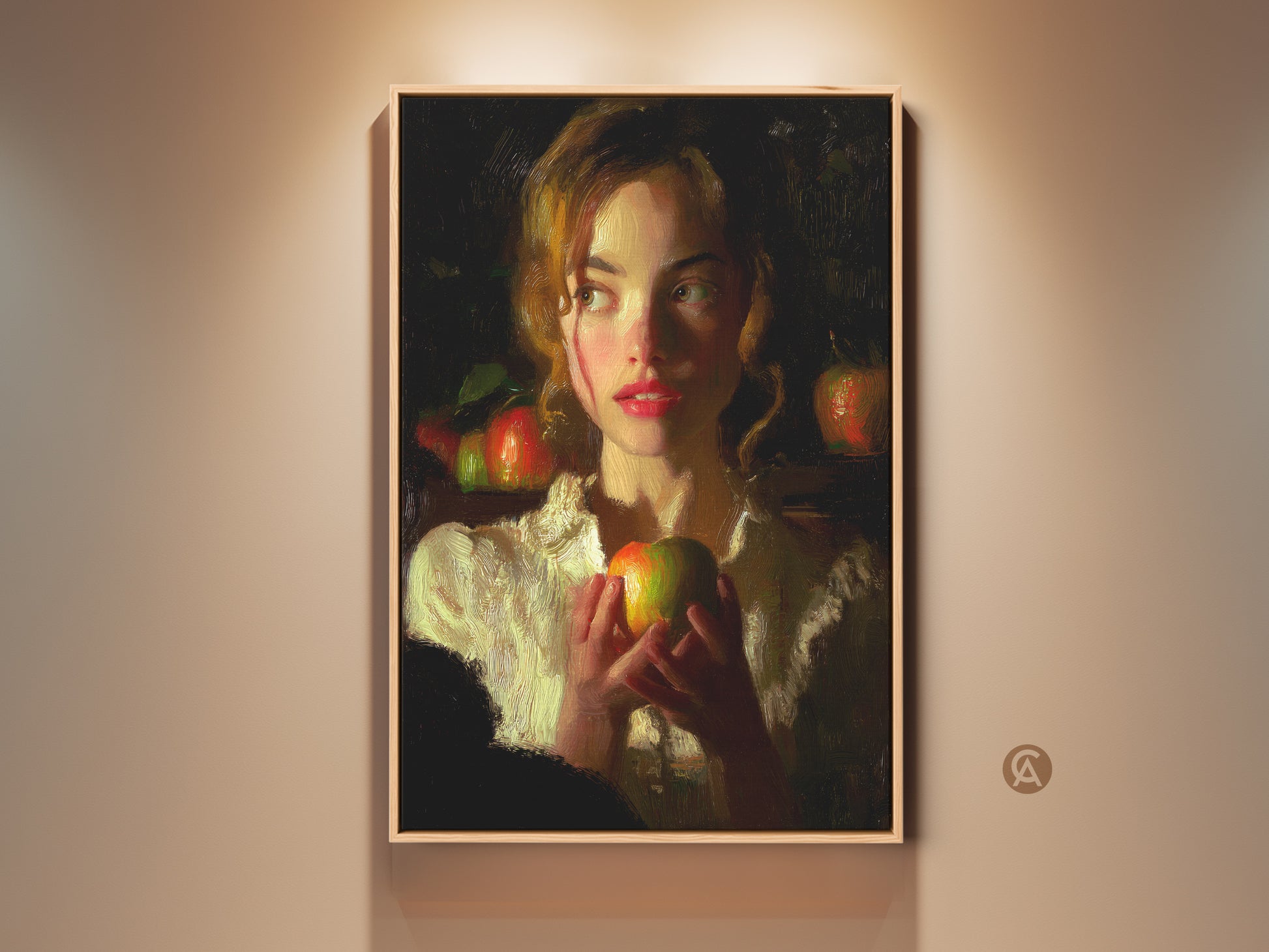 Classical realism art print featuring a woman with an apple. This traditional artwork uses warm ochre and deep red tones. It's perfect for bedroom decor or as a gift for art lovers. The fine art reproduction captures a timeless beauty. It adds a touch of elegance to any home office.