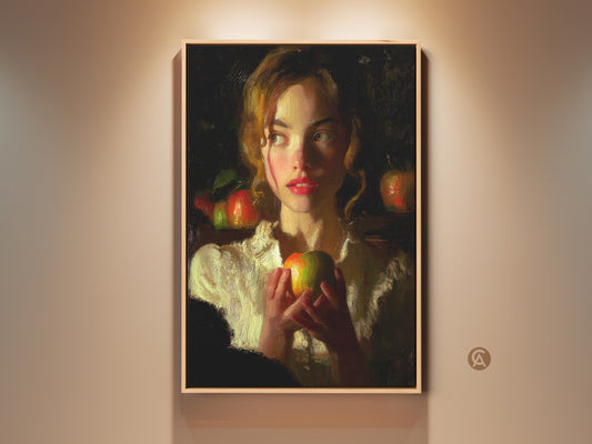 Classical realism art print featuring a woman with an apple. This traditional artwork uses warm ochre and deep red tones. It's perfect for bedroom decor or as a gift for art lovers. The fine art reproduction captures a timeless beauty. It adds a touch of elegance to any home office.
