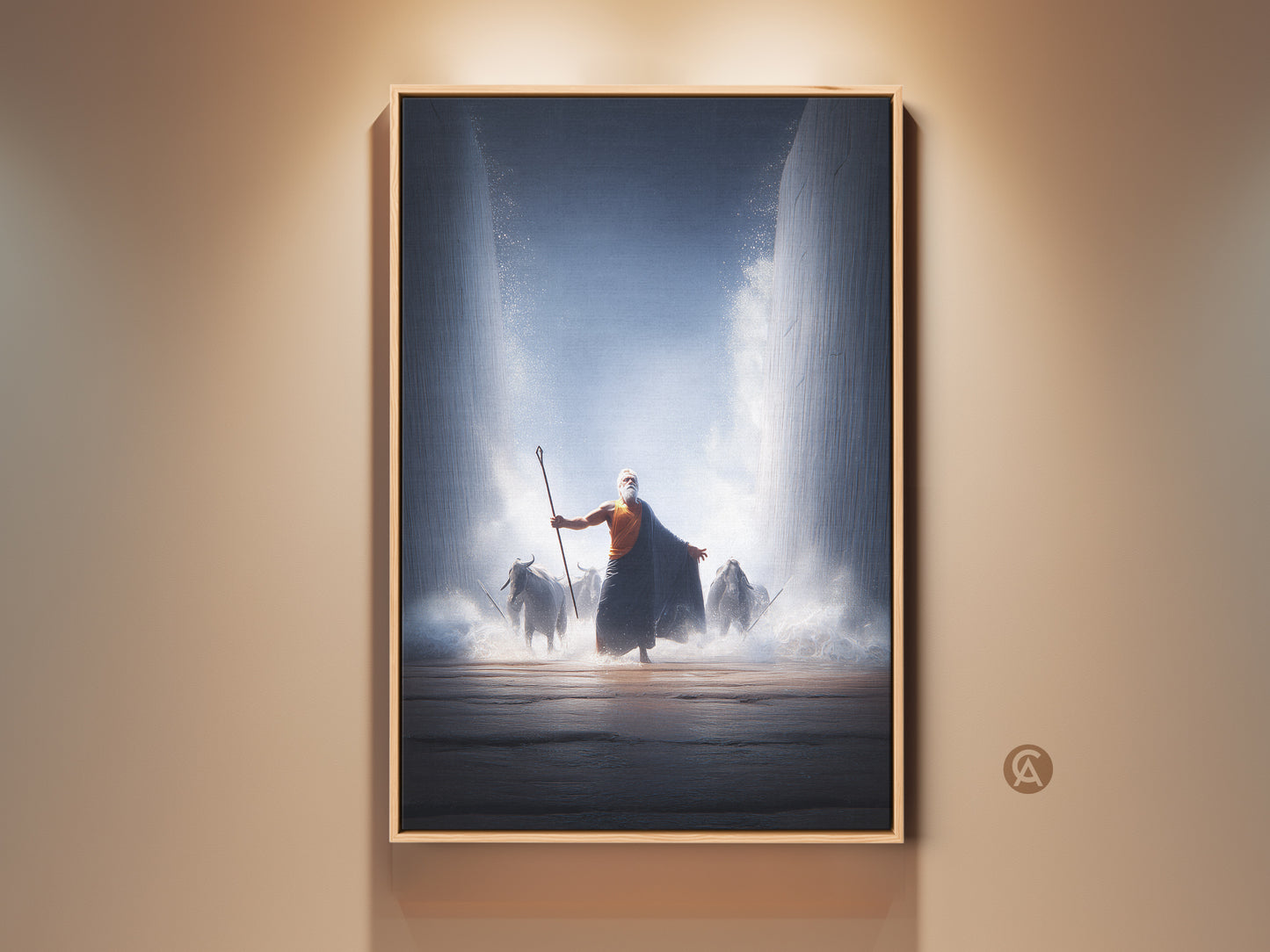 Moses parts the Red Sea in this captivating wall art. This biblical canvas print features dark blue and orange tones. An epic religious artwork showing cattle crossing. Perfect for study room or office decor. A unique gift for faith collectors. This ancient religious painting brings a powerful bible story to life.