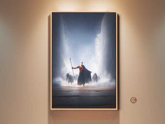 Moses parts the Red Sea in this captivating wall art. This biblical canvas print features dark blue and orange tones. An epic religious artwork showing cattle crossing. Perfect for study room or office decor. A unique gift for faith collectors. This ancient religious painting brings a powerful bible story to life.