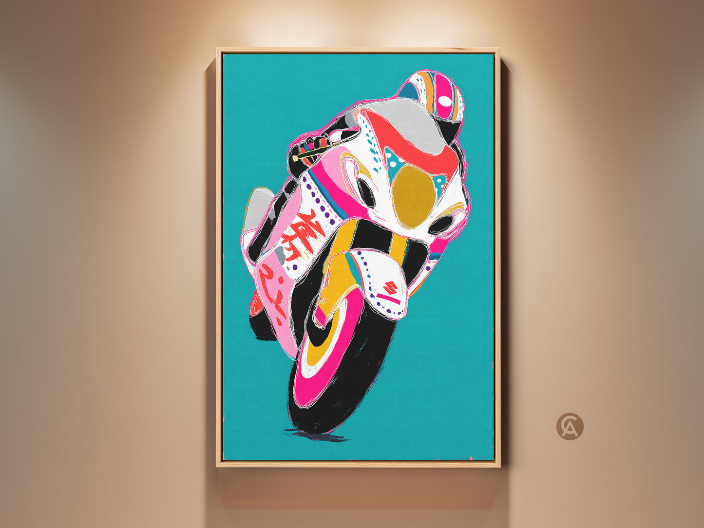 Vibrant graffiti racer art print in a modern interior setting. Pop art motorcycle canvas adds a splash of color to the wall. Teal abstract background complements the energetic artwork. Perfect F1 fan birthday gift or man cave decor. Shop now for this unique sports art print.