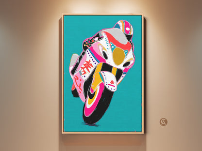 Vibrant graffiti racer art print in a modern interior setting. Pop art motorcycle canvas adds a splash of color to the wall. Teal abstract background complements the energetic artwork. Perfect F1 fan birthday gift or man cave decor. Shop now for this unique sports art print.