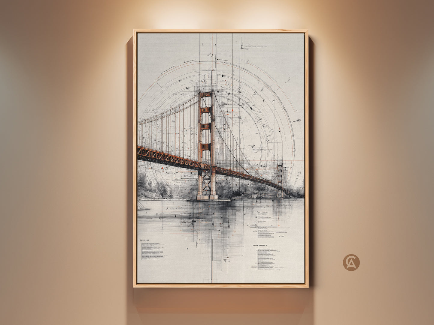 Framed Golden Gate Bridge blueprint wall art. Architectural technical drawing in orange red and gray tones. This canvas print is ideal for industrial or modern home decor. It is a sophisticated gift for engineering enthusiasts and travel lovers alike. Perfect unique office wall decor.