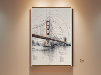Framed Golden Gate Bridge blueprint wall art. Architectural technical drawing in orange red and gray tones. This canvas print is ideal for industrial or modern home decor. It is a sophisticated gift for engineering enthusiasts and travel lovers alike. Perfect unique office wall decor.