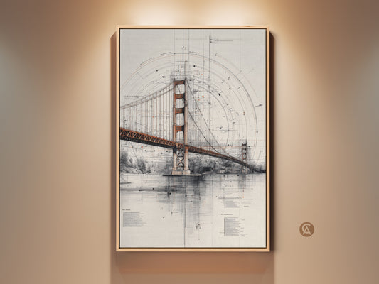 Framed Golden Gate Bridge blueprint wall art. Architectural technical drawing in orange red and gray tones. This canvas print is ideal for industrial or modern home decor. It is a sophisticated gift for engineering enthusiasts and travel lovers alike. Perfect unique office wall decor.