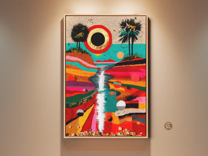 Crimson Gold Teal Abstract Canvas art showcases a boho palm tree landscape. This tropical mid-century modern wall decor makes a unique art lover gift. It features vibrant colors and surreal design creating a distinctive wall art piece for any living space.