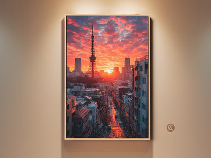 Tokyo Cityscape Canvas Print features the iconic Tokyo Tower. A dramatic crimson sunset illuminates the urban photography. This artwork captures the vibrant city view art and Japanese architecture art. Perfect for a contemporary home gift. A striking addition as entry hall wall decor.