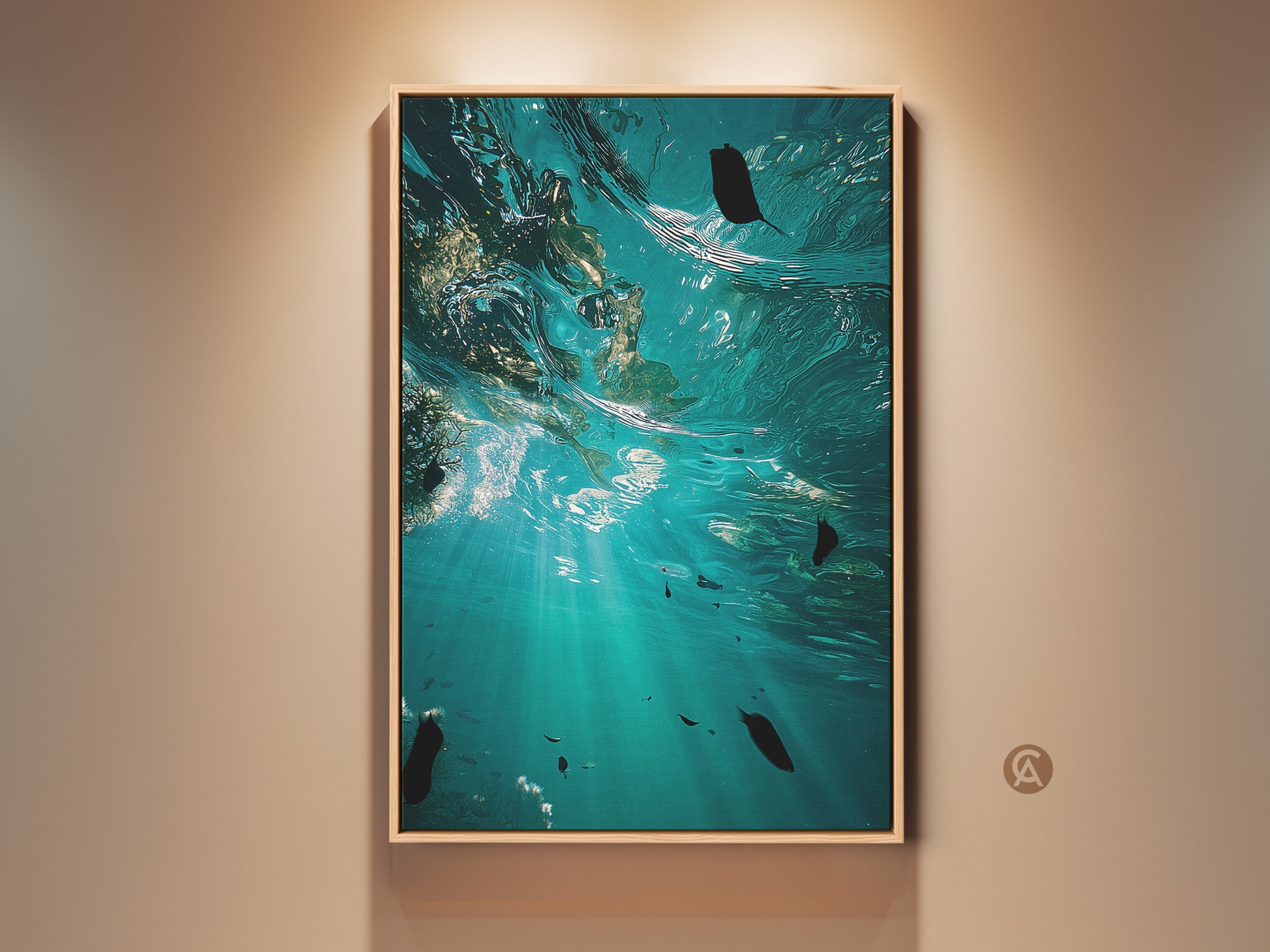 Photorealistic underwater ocean artwork in a framed canvas. Teal and aqua hues create a serene deep sea scene. Perfect coastal wall decor for beach house art. A housewarming gift idea for ocean view lovers adding naturalistic beauty.