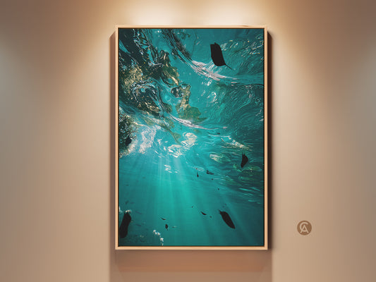 Photorealistic underwater ocean artwork in a framed canvas. Teal and aqua hues create a serene deep sea scene. Perfect coastal wall decor for beach house art. A housewarming gift idea for ocean view lovers adding naturalistic beauty.