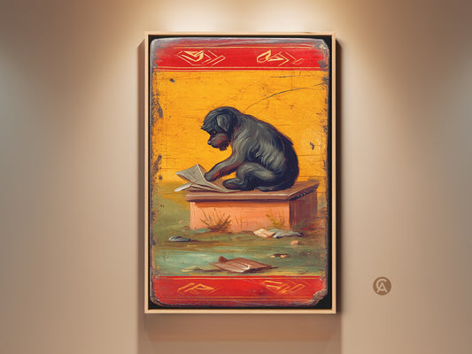 Vintage dog reading newspaper art. This eclectic wall decor print features a canine absorbed in news. Warm yellow red and green tones evoke a Dark Academia feel. This unique pet portrait adds old world charm to any study room. It is a perfect gift for dog lovers.