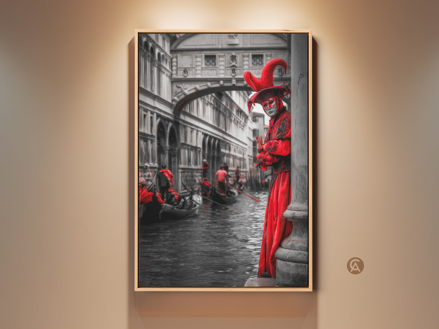 This canvas print showcases Venetian Carnival Wall artwork. A person in a red masquerade costume stands by a canal. Gondolas float by in black and white creating an eclectic travel decor piece. This theatrical art gift is truly unique.