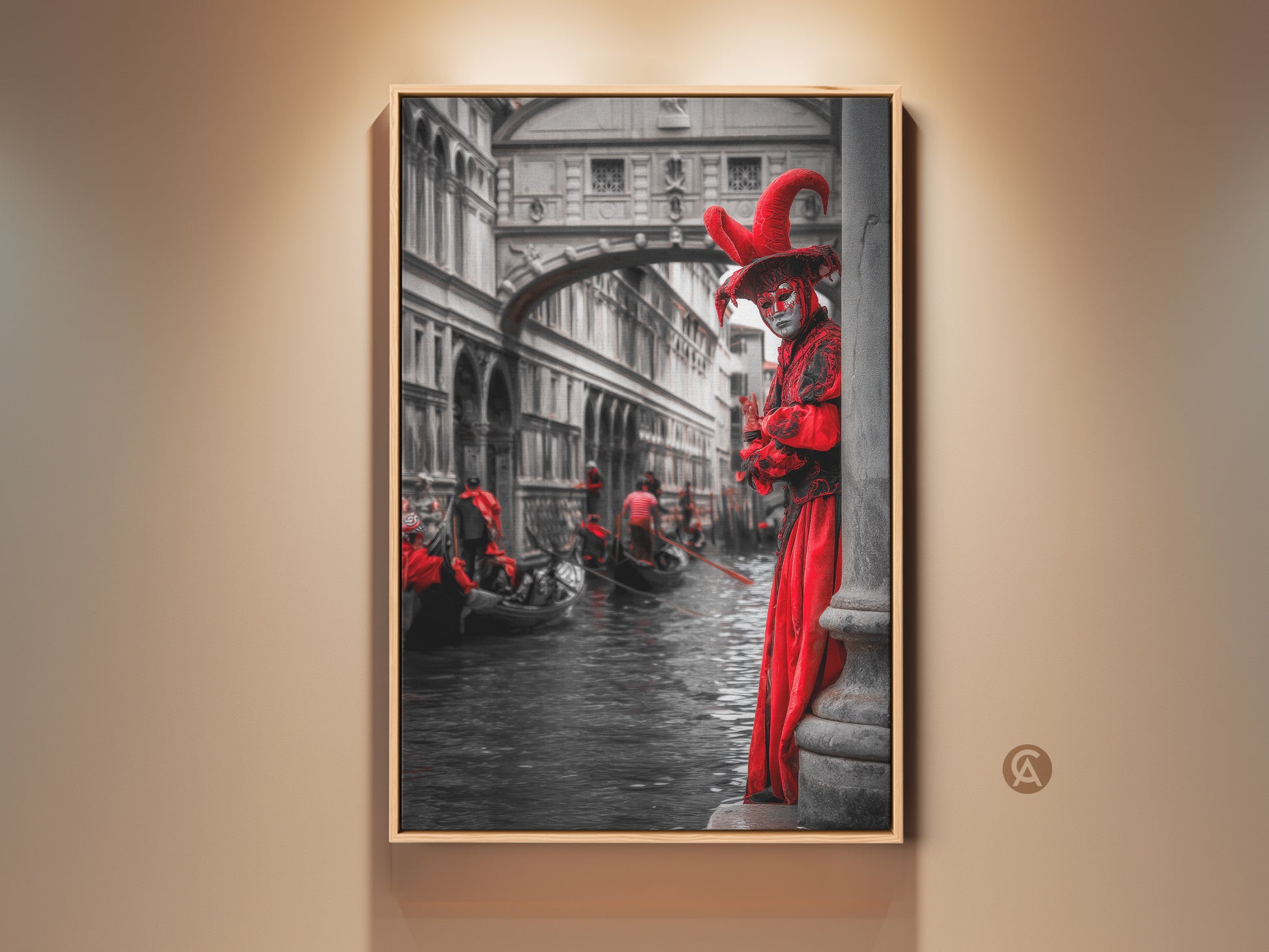 This canvas print showcases Venetian Carnival Wall artwork. A person in a red masquerade costume stands by a canal. Gondolas float by in black and white creating an eclectic travel decor piece. This theatrical art gift is truly unique.