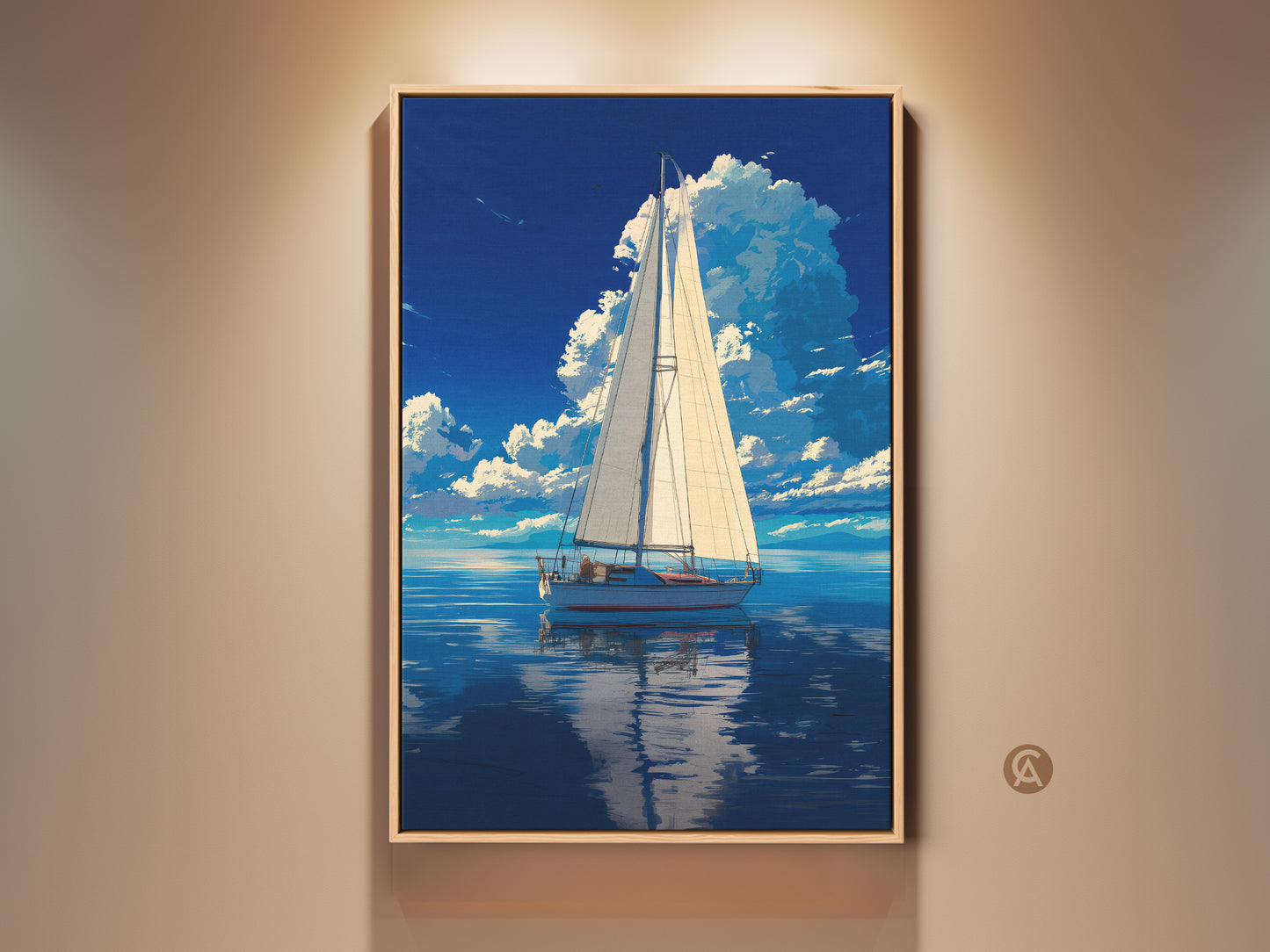 Ocean Sailboat art print displayed in a frame. The nautical coastal landscape wall decor features a deep blue sky and water. This artwork is a perfect gift for boaters looking to add a coastal theme to their home.