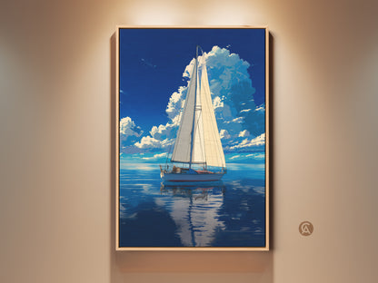 Ocean Sailboat art print displayed in a frame. The nautical coastal landscape wall decor features a deep blue sky and water. This artwork is a perfect gift for boaters looking to add a coastal theme to their home.