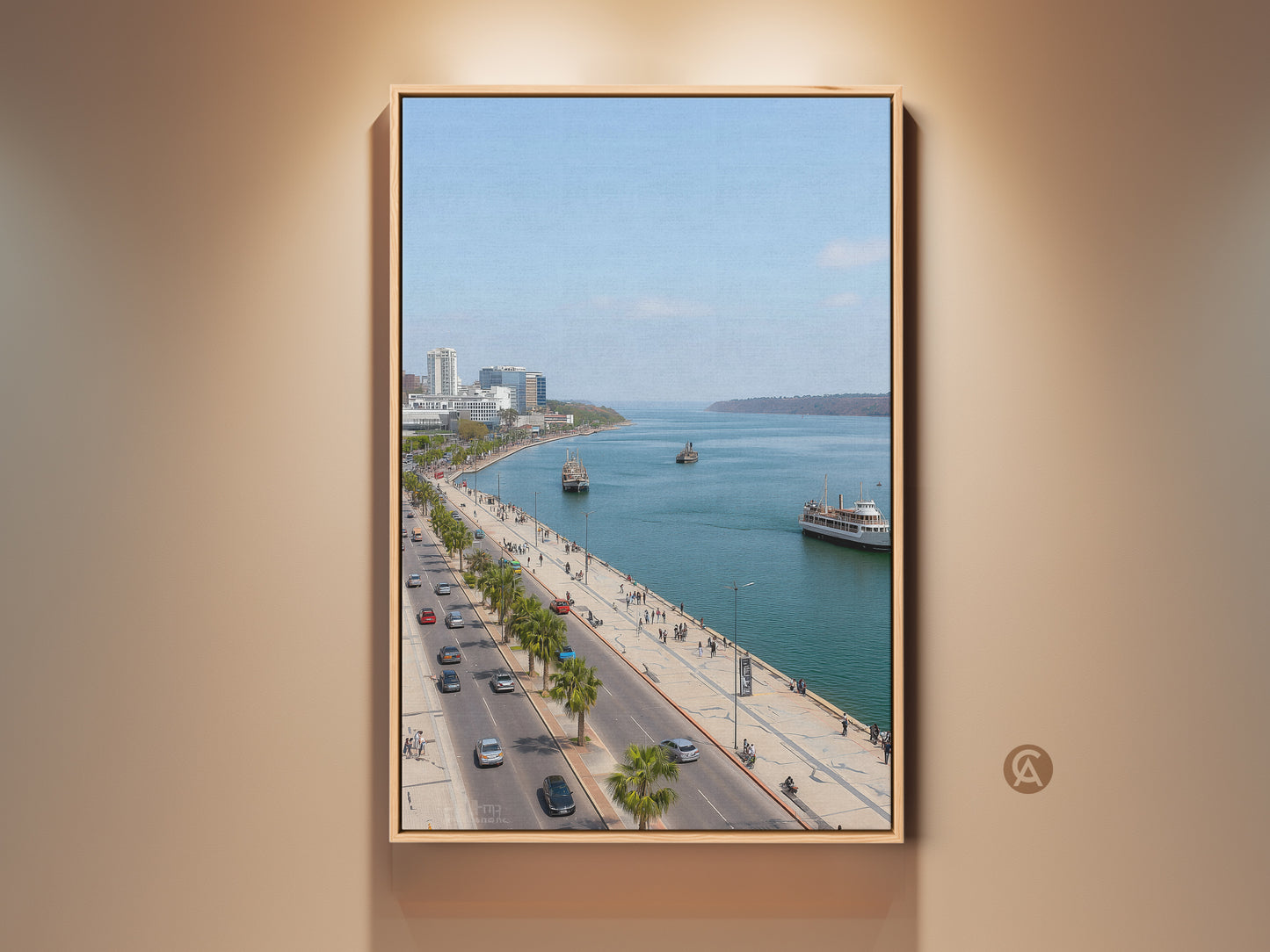 Framed blue teal coastal cityscape art print. This artwork showcases a ferry and palm trees. It is perfect entry hall decor. The travel photography canvas has contemporary style.