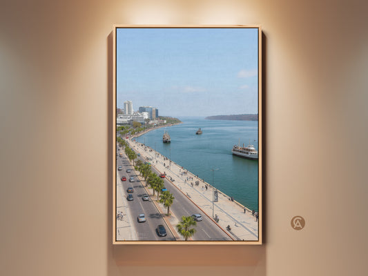 Framed blue teal coastal cityscape art print. This artwork showcases a ferry and palm trees. It is perfect entry hall decor. The travel photography canvas has contemporary style.