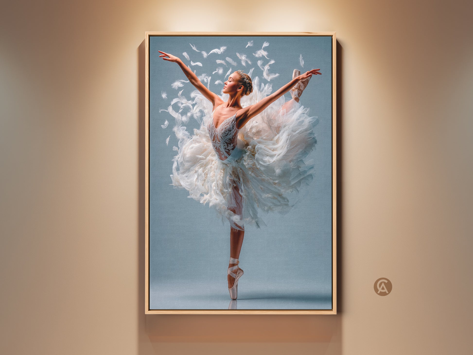 Framed canvas art featuring a ballerina in a white feather tutu. The ballerina is en pointe with arms extended. This artwork adds elegance to any room. Buy this framed canvas art for your home today.