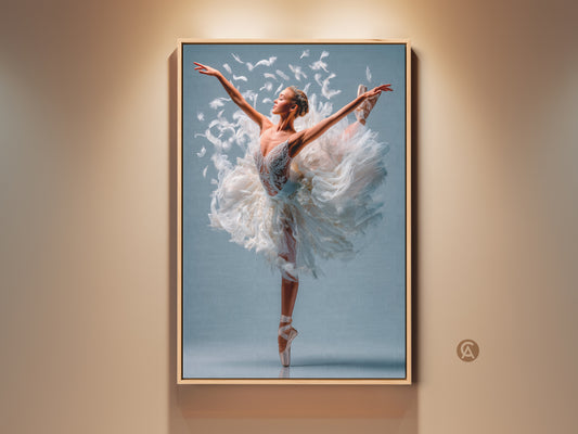 Framed canvas art featuring a ballerina in a white feather tutu. The ballerina is en pointe with arms extended. This artwork adds elegance to any room. Buy this framed canvas art for your home today.