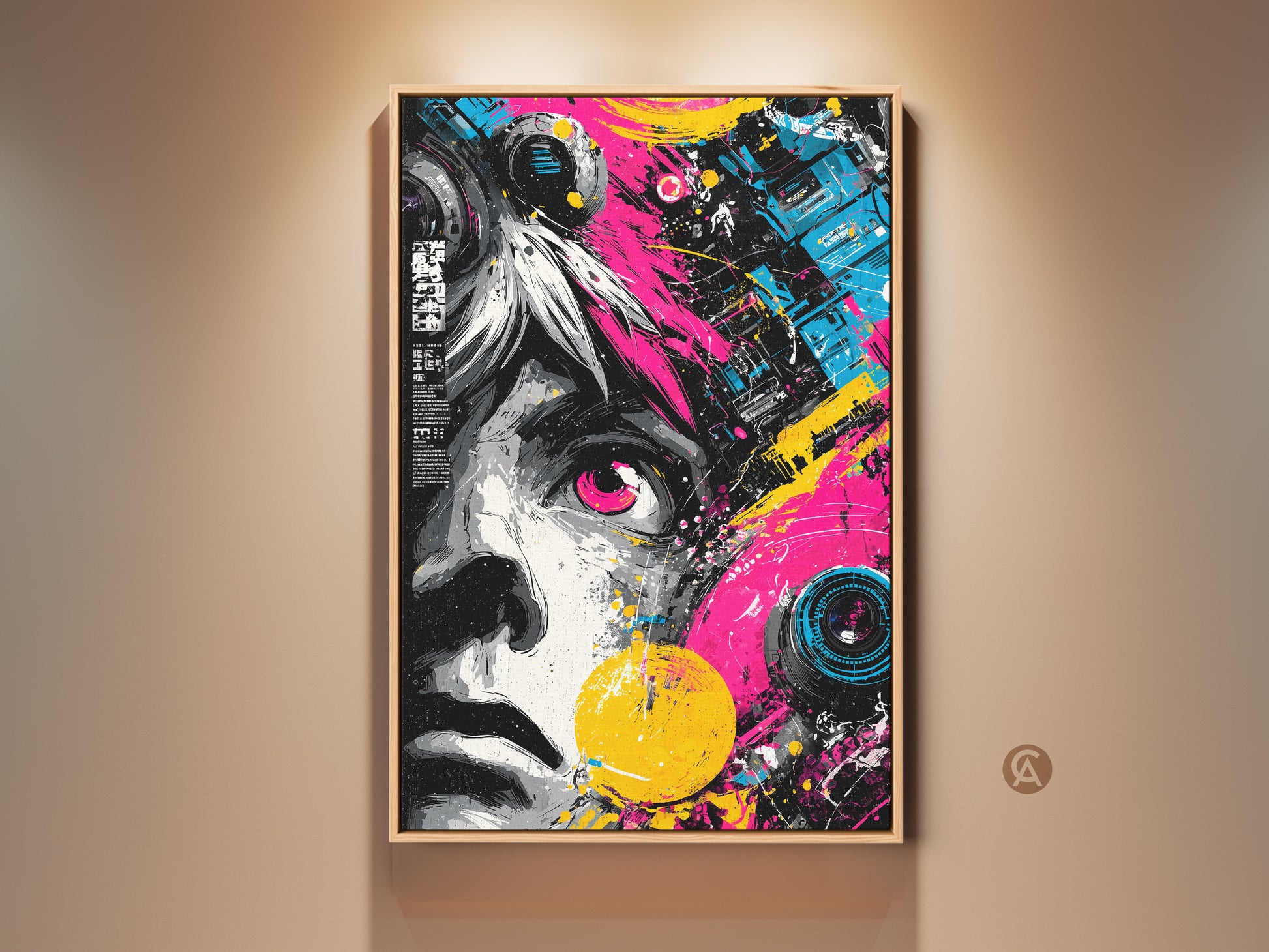 Eye-catching wall art print. This framed artwork features a unique abstract portrait with vibrant pink and yellow accents. Perfect for adding a modern edge to any space. Shop now for bold statement pieces. This artwork is stylish and ready to hang.