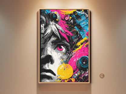 Eye-catching wall art print. This framed artwork features a unique abstract portrait with vibrant pink and yellow accents. Perfect for adding a modern edge to any space. Shop now for bold statement pieces. This artwork is stylish and ready to hang.