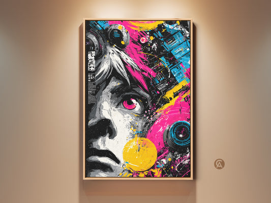Eye-catching wall art print. This framed artwork features a unique abstract portrait with vibrant pink and yellow accents. Perfect for adding a modern edge to any space. Shop now for bold statement pieces. This artwork is stylish and ready to hang.