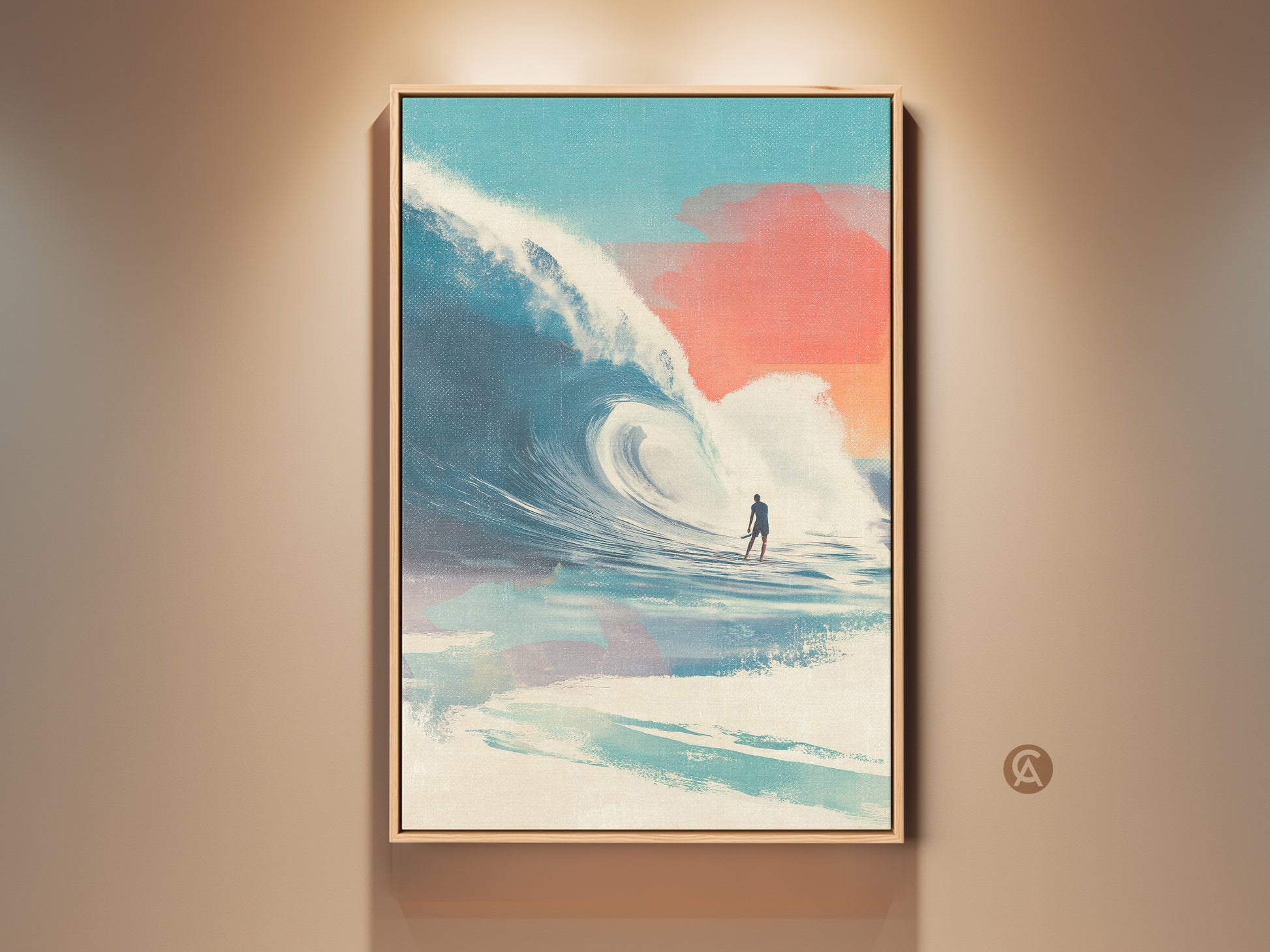 Framed surfing artwork in a room setting. This art features a surfer riding a large wave. The color palette includes blues oranges and whites. The artwork is ready to hang and adds a coastal vibe to any room. Perfect for surf art enthusiasts.