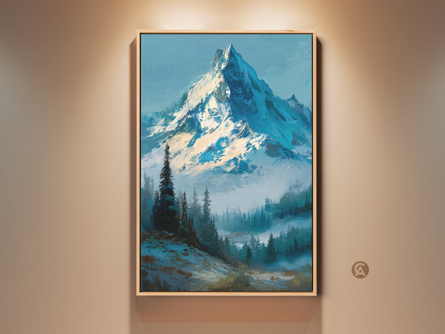Framed mountain artwork in a living room. The painting features a majestic snow-capped mountain peak framed by evergreen trees. This framed canvas enhances home decor with natural beauty. Find mountain landscape art for sophisticated wall decor.