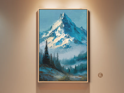Framed mountain artwork in a living room. The painting features a majestic snow-capped mountain peak framed by evergreen trees. This framed canvas enhances home decor with natural beauty. Find mountain landscape art for sophisticated wall decor.