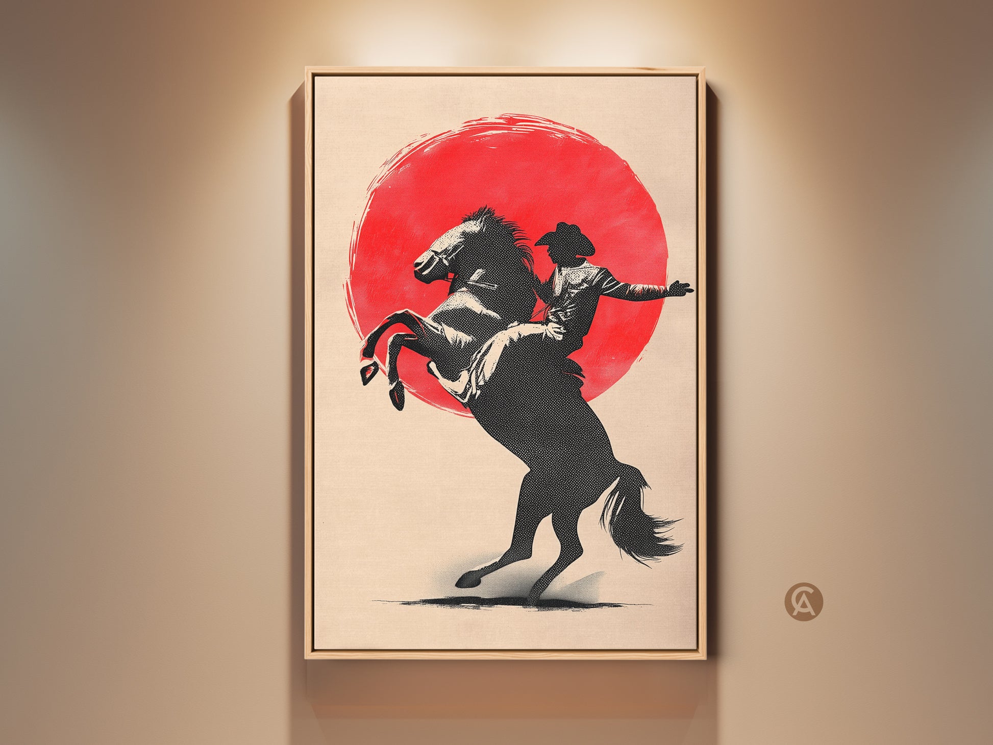 Gallery view of a minimalist cowboy on horse canvas art. It captures a western rodeo sunset print. A perfect farmhouse wall decor to gift for entryway art. This art has a graphic silhouette art and red sun western painting.