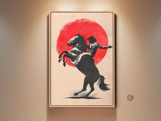 Gallery view of a minimalist cowboy on horse canvas art. It captures a western rodeo sunset print. A perfect farmhouse wall decor to gift for entryway art. This art has a graphic silhouette art and red sun western painting.