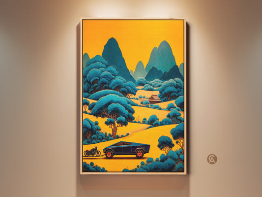Framed yellow blue landscape art print. A stylized mountain road canvas adds a modern eclectic touch to the den wall. It's a unique gift for car lovers. The artwork features a futuristic vehicle adding adventure to any space.