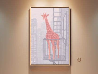 Contemporary canvas art featuring an orange giraffe on a fire escape. Abstract cityscape wall art perfect for modern office decor. Add color with this unique housewarming gift art.
