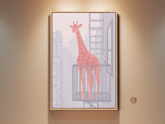 Contemporary canvas art featuring an orange giraffe on a fire escape. Abstract cityscape wall art perfect for modern office decor. Add color with this unique housewarming gift art.