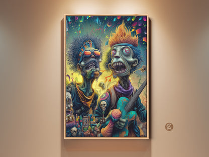 Framed wall art featuring two zombie musicians. The artwork is vibrant and colorful. It shows a punk rock style with surreal elements. Perfect for music lovers and those seeking unique decor.