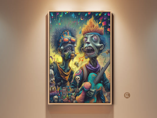 Framed wall art featuring two zombie musicians. The artwork is vibrant and colorful. It shows a punk rock style with surreal elements. Perfect for music lovers and those seeking unique decor.