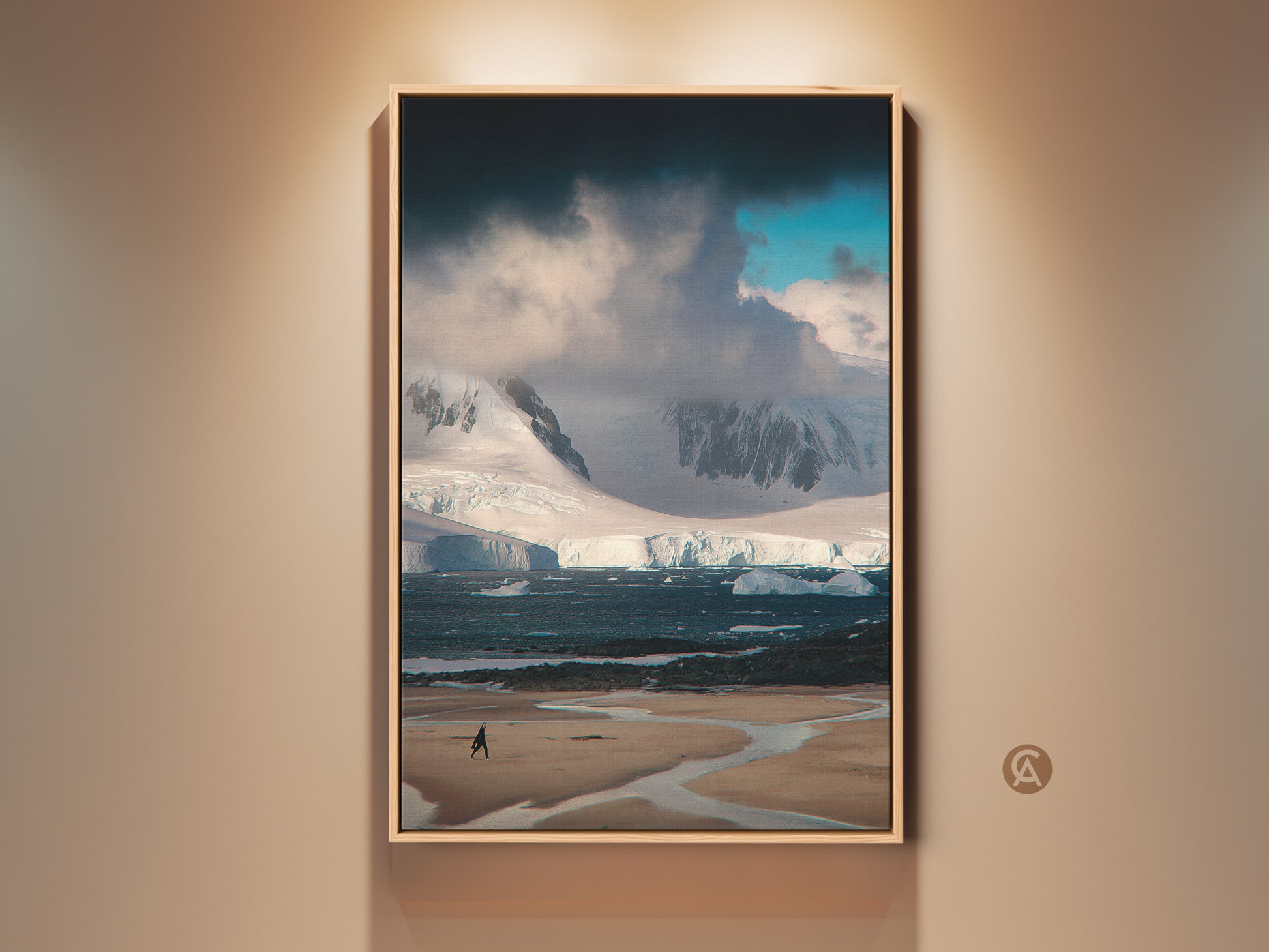 Antarctica Landscape Photography displayed in a oak frame. A minimalist Iceberg wall art. Blue and white nature decor bringing the Arctic to your contemporary home. Man walking on the shore