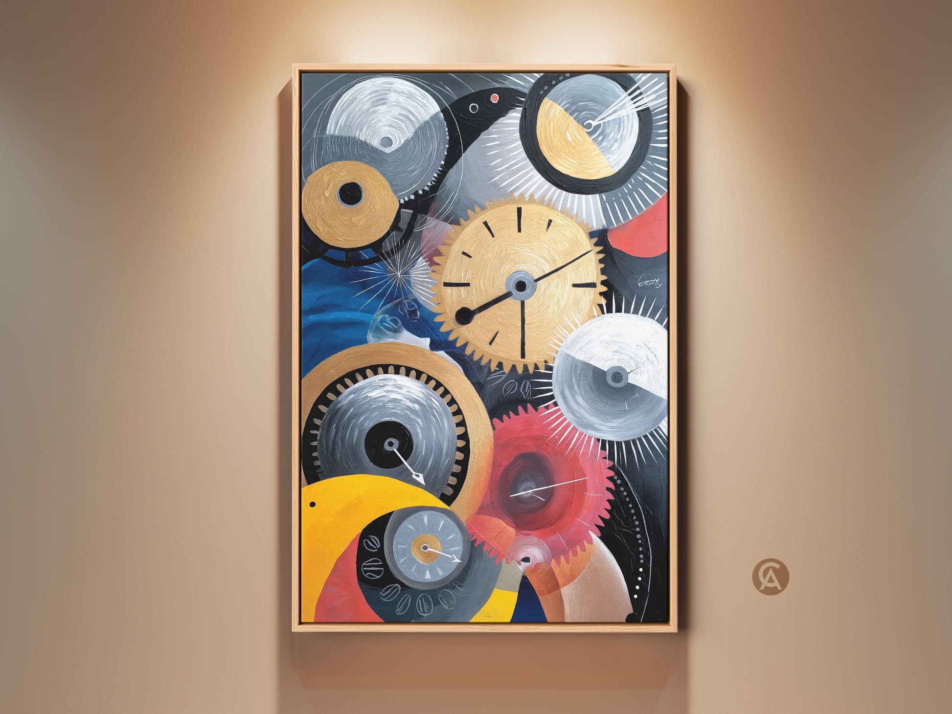 A framed canvas print of abstract mechanical artwork hangs on a wall. The art features gold and blue clock gears. This steampunk art deco canvas adds a unique touch to home or office decor.