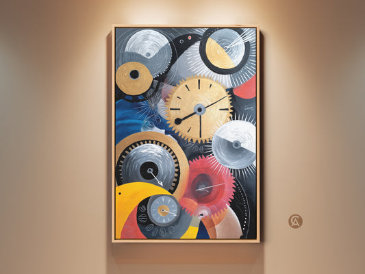 A framed canvas print of abstract mechanical artwork hangs on a wall. The art features gold and blue clock gears. This steampunk art deco canvas adds a unique touch to home or office decor.